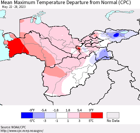 Central Asia Mean Maximum Temperature Departure from Normal (CPC) Thematic Map For 5/22/2023 - 5/28/2023