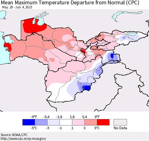 Central Asia Mean Maximum Temperature Departure from Normal (CPC) Thematic Map For 5/29/2023 - 6/4/2023