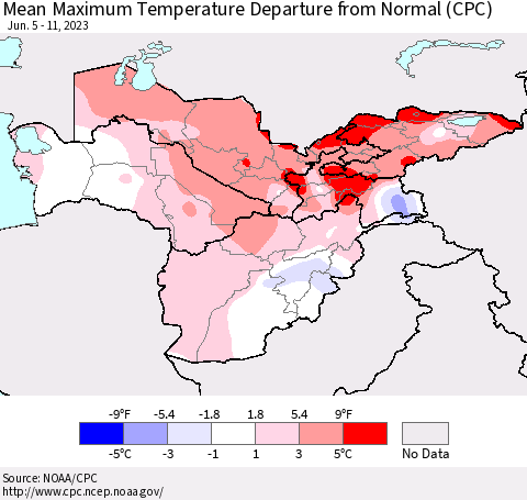 Central Asia Mean Maximum Temperature Departure from Normal (CPC) Thematic Map For 6/5/2023 - 6/11/2023