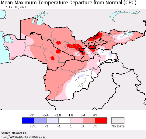 Central Asia Mean Maximum Temperature Departure from Normal (CPC) Thematic Map For 6/12/2023 - 6/18/2023