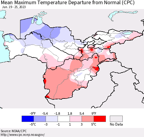 Central Asia Mean Maximum Temperature Departure from Normal (CPC) Thematic Map For 6/19/2023 - 6/25/2023