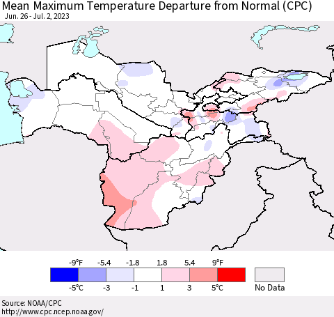 Central Asia Mean Maximum Temperature Departure from Normal (CPC) Thematic Map For 6/26/2023 - 7/2/2023