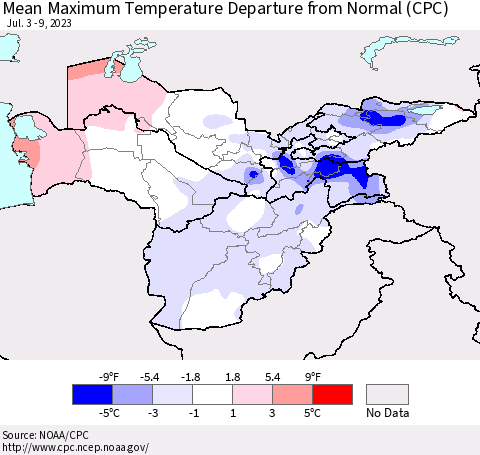 Central Asia Mean Maximum Temperature Departure from Normal (CPC) Thematic Map For 7/3/2023 - 7/9/2023