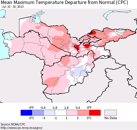 Central Asia Mean Maximum Temperature Departure from Normal (CPC) Thematic Map For 7/10/2023 - 7/16/2023