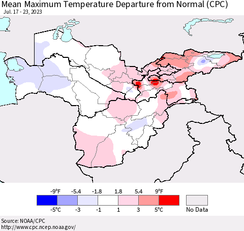 Central Asia Mean Maximum Temperature Departure from Normal (CPC) Thematic Map For 7/17/2023 - 7/23/2023