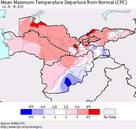 Central Asia Mean Maximum Temperature Departure from Normal (CPC) Thematic Map For 7/24/2023 - 7/30/2023