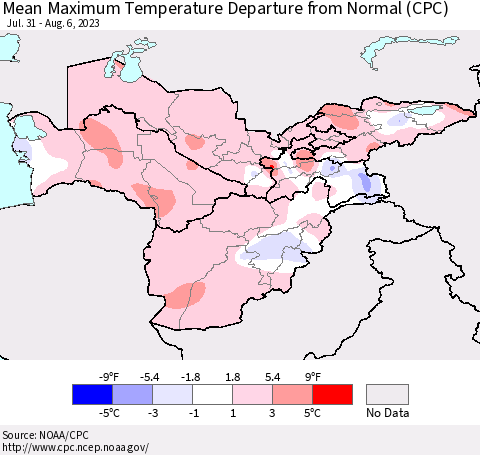 Central Asia Mean Maximum Temperature Departure from Normal (CPC) Thematic Map For 7/31/2023 - 8/6/2023