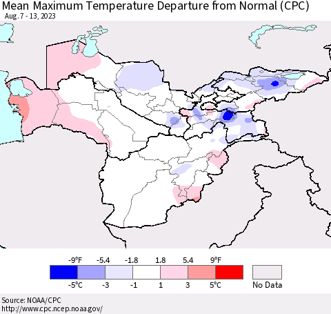 Central Asia Mean Maximum Temperature Departure from Normal (CPC) Thematic Map For 8/7/2023 - 8/13/2023
