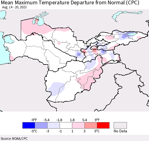 Central Asia Mean Maximum Temperature Departure from Normal (CPC) Thematic Map For 8/14/2023 - 8/20/2023