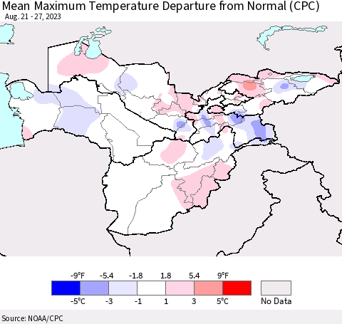 Central Asia Mean Maximum Temperature Departure from Normal (CPC) Thematic Map For 8/21/2023 - 8/27/2023