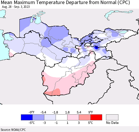 Central Asia Mean Maximum Temperature Departure from Normal (CPC) Thematic Map For 8/28/2023 - 9/3/2023
