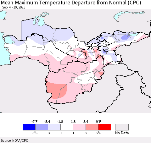 Central Asia Mean Maximum Temperature Departure from Normal (CPC) Thematic Map For 9/4/2023 - 9/10/2023