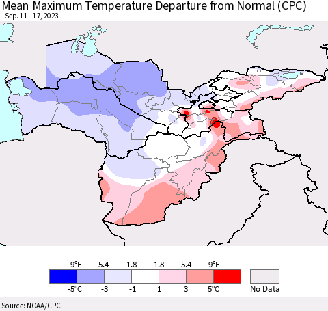 Central Asia Mean Maximum Temperature Departure from Normal (CPC) Thematic Map For 9/11/2023 - 9/17/2023