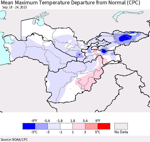 Central Asia Mean Maximum Temperature Departure from Normal (CPC) Thematic Map For 9/18/2023 - 9/24/2023