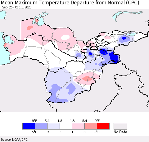 Central Asia Mean Maximum Temperature Departure from Normal (CPC) Thematic Map For 9/25/2023 - 10/1/2023