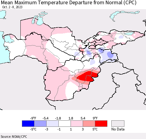 Central Asia Mean Maximum Temperature Departure from Normal (CPC) Thematic Map For 10/2/2023 - 10/8/2023