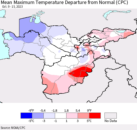 Central Asia Mean Maximum Temperature Departure from Normal (CPC) Thematic Map For 10/9/2023 - 10/15/2023