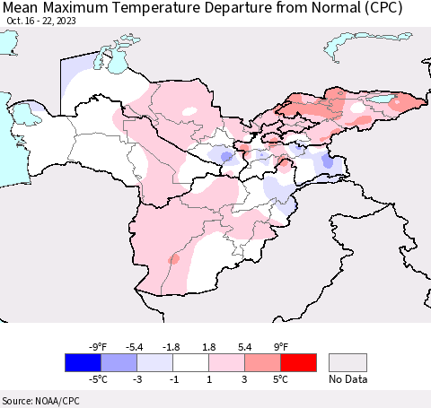 Central Asia Mean Maximum Temperature Departure from Normal (CPC) Thematic Map For 10/16/2023 - 10/22/2023