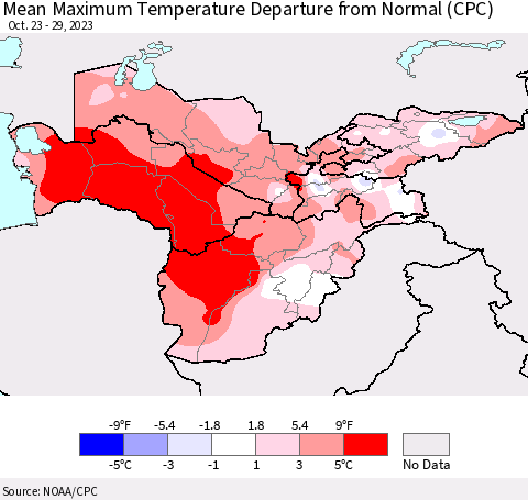 Central Asia Mean Maximum Temperature Departure from Normal (CPC) Thematic Map For 10/23/2023 - 10/29/2023