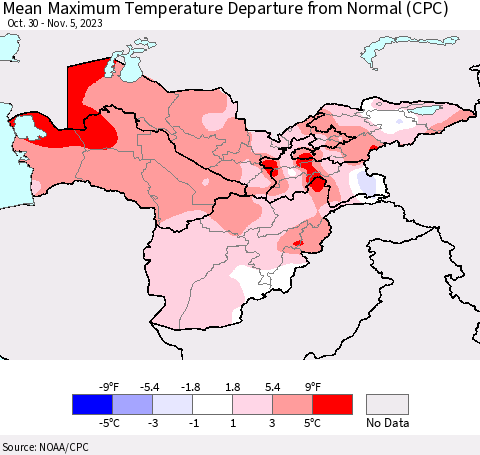 Central Asia Mean Maximum Temperature Departure from Normal (CPC) Thematic Map For 10/30/2023 - 11/5/2023