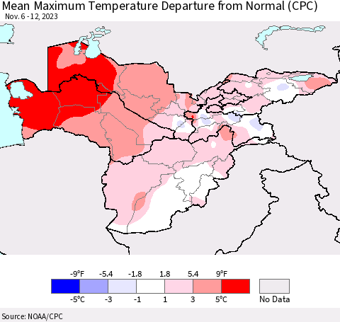 Central Asia Mean Maximum Temperature Departure from Normal (CPC) Thematic Map For 11/6/2023 - 11/12/2023
