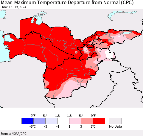 Central Asia Mean Maximum Temperature Departure from Normal (CPC) Thematic Map For 11/13/2023 - 11/19/2023