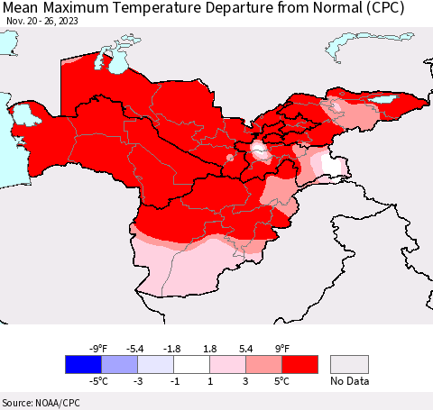 Central Asia Mean Maximum Temperature Departure from Normal (CPC) Thematic Map For 11/20/2023 - 11/26/2023