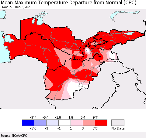 Central Asia Mean Maximum Temperature Departure from Normal (CPC) Thematic Map For 11/27/2023 - 12/3/2023