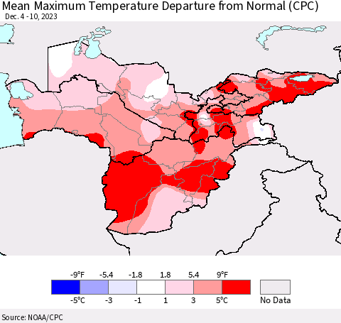 Central Asia Mean Maximum Temperature Departure from Normal (CPC) Thematic Map For 12/4/2023 - 12/10/2023
