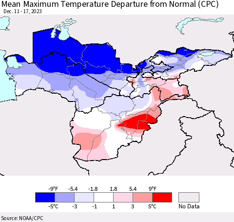 Central Asia Mean Maximum Temperature Departure from Normal (CPC) Thematic Map For 12/11/2023 - 12/17/2023