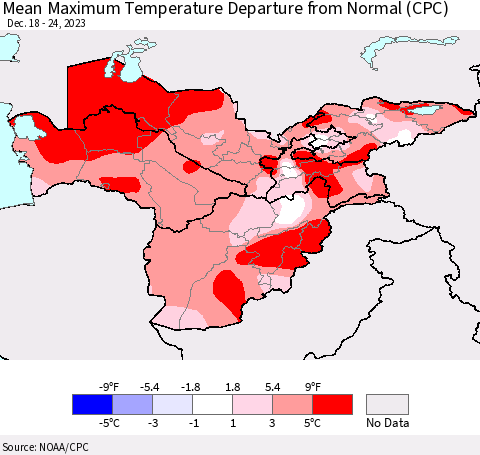Central Asia Mean Maximum Temperature Departure from Normal (CPC) Thematic Map For 12/18/2023 - 12/24/2023