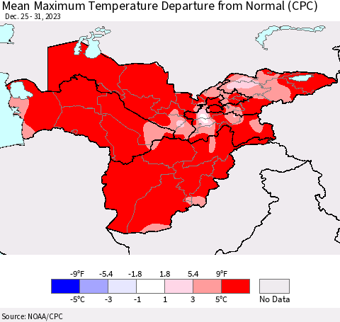Central Asia Mean Maximum Temperature Departure from Normal (CPC) Thematic Map For 12/25/2023 - 12/31/2023