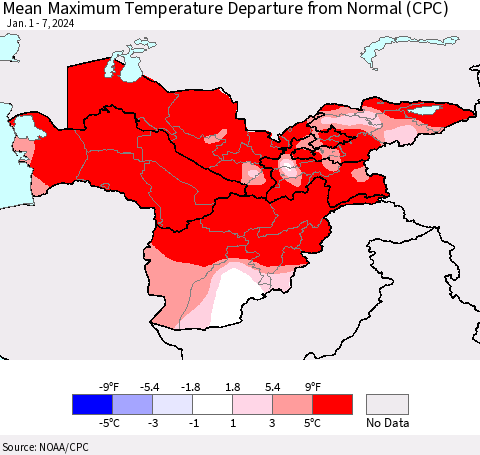Central Asia Mean Maximum Temperature Departure from Normal (CPC) Thematic Map For 1/1/2024 - 1/7/2024