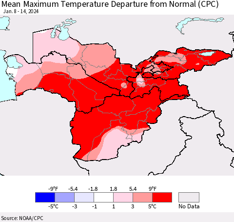 Central Asia Mean Maximum Temperature Departure from Normal (CPC) Thematic Map For 1/8/2024 - 1/14/2024