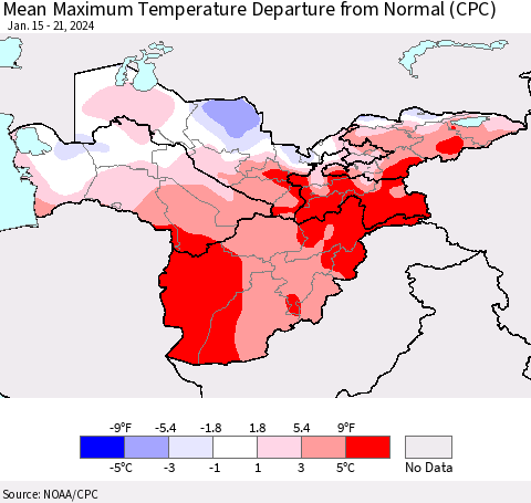 Central Asia Mean Maximum Temperature Departure from Normal (CPC) Thematic Map For 1/15/2024 - 1/21/2024