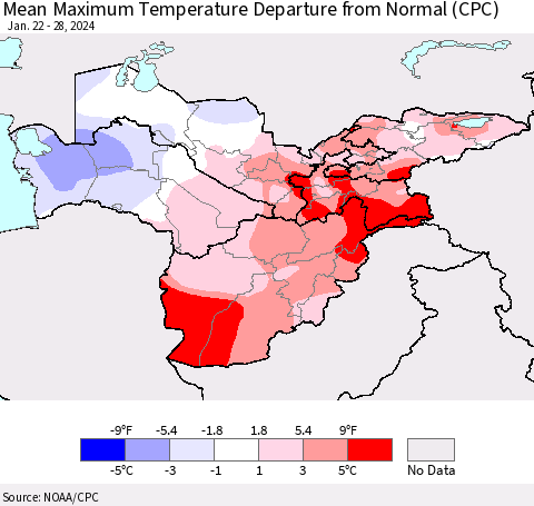 Central Asia Mean Maximum Temperature Departure from Normal (CPC) Thematic Map For 1/22/2024 - 1/28/2024