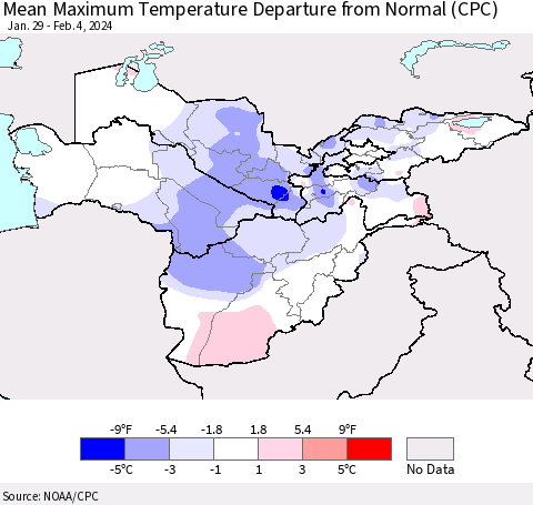 Central Asia Mean Maximum Temperature Departure from Normal (CPC) Thematic Map For 1/29/2024 - 2/4/2024