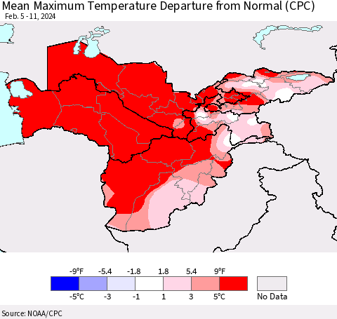 Central Asia Mean Maximum Temperature Departure from Normal (CPC) Thematic Map For 2/5/2024 - 2/11/2024