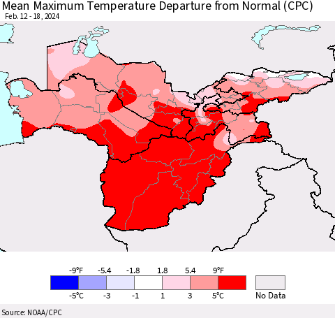 Central Asia Mean Maximum Temperature Departure from Normal (CPC) Thematic Map For 2/12/2024 - 2/18/2024
