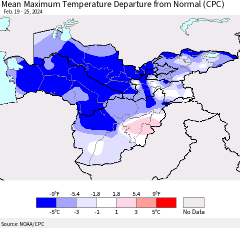 Central Asia Mean Maximum Temperature Departure from Normal (CPC) Thematic Map For 2/19/2024 - 2/25/2024