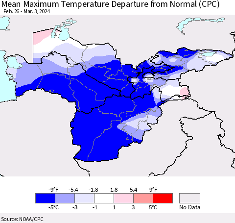 Central Asia Mean Maximum Temperature Departure from Normal (CPC) Thematic Map For 2/26/2024 - 3/3/2024