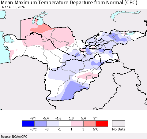 Central Asia Mean Maximum Temperature Departure from Normal (CPC) Thematic Map For 3/4/2024 - 3/10/2024