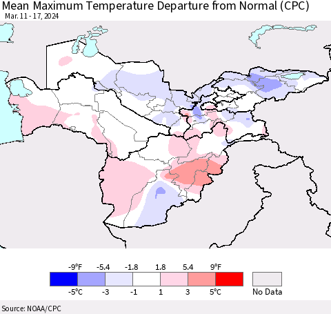 Central Asia Mean Maximum Temperature Departure from Normal (CPC) Thematic Map For 3/11/2024 - 3/17/2024