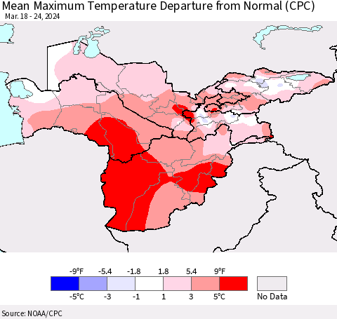 Central Asia Mean Maximum Temperature Departure from Normal (CPC) Thematic Map For 3/18/2024 - 3/24/2024