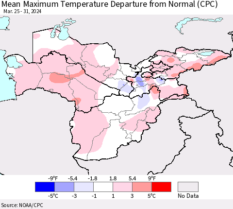 Central Asia Mean Maximum Temperature Departure from Normal (CPC) Thematic Map For 3/25/2024 - 3/31/2024