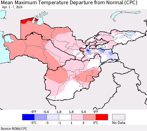 Central Asia Mean Maximum Temperature Departure from Normal (CPC) Thematic Map For 4/1/2024 - 4/7/2024