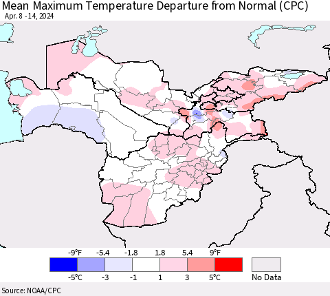 Central Asia Mean Maximum Temperature Departure from Normal (CPC) Thematic Map For 4/8/2024 - 4/14/2024