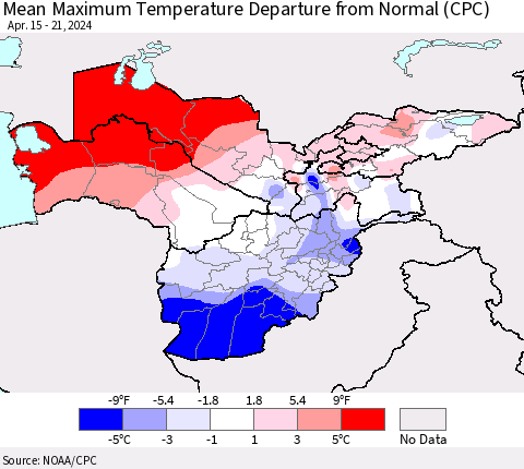 Central Asia Mean Maximum Temperature Departure from Normal (CPC) Thematic Map For 4/15/2024 - 4/21/2024
