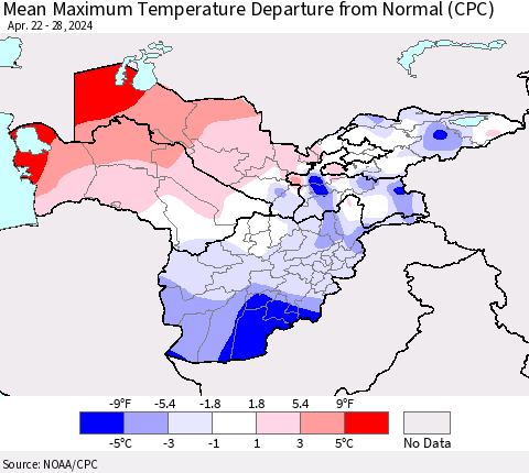 Central Asia Mean Maximum Temperature Departure from Normal (CPC) Thematic Map For 4/22/2024 - 4/28/2024