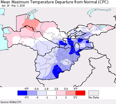 Central Asia Mean Maximum Temperature Departure from Normal (CPC) Thematic Map For 4/29/2024 - 5/5/2024